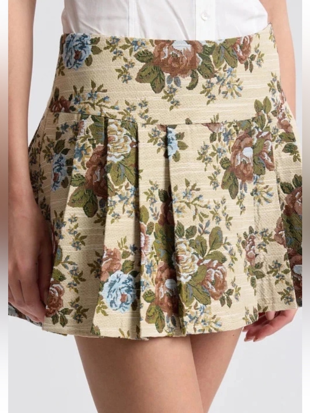 AVEC LES FILLES Floral Brocade Pleated Mini Skirt in Taupe Floral 2 NWOT